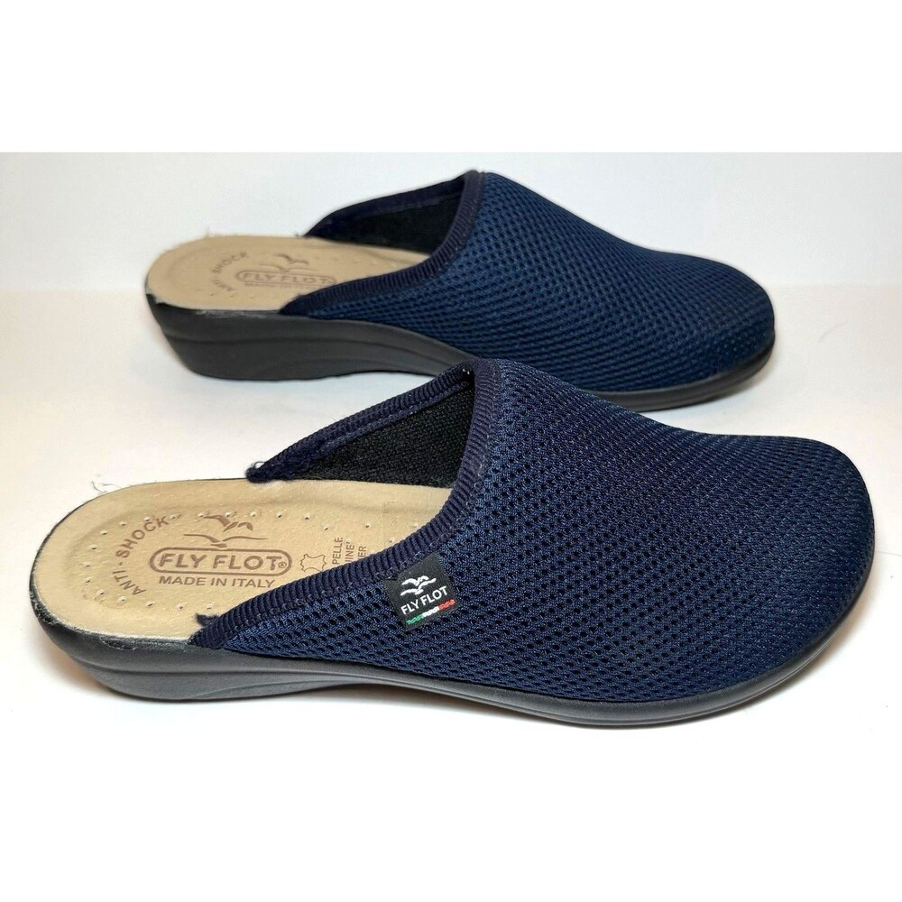 Fly Flot Womens EU 39 Navy Blue Mesh Clogs Mules Leather Footbed Made in Italy